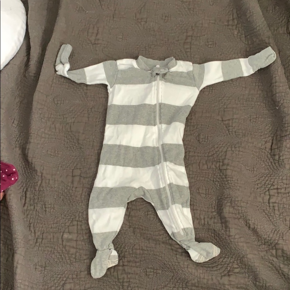 Burts Bee’s grey and white striped pajamas